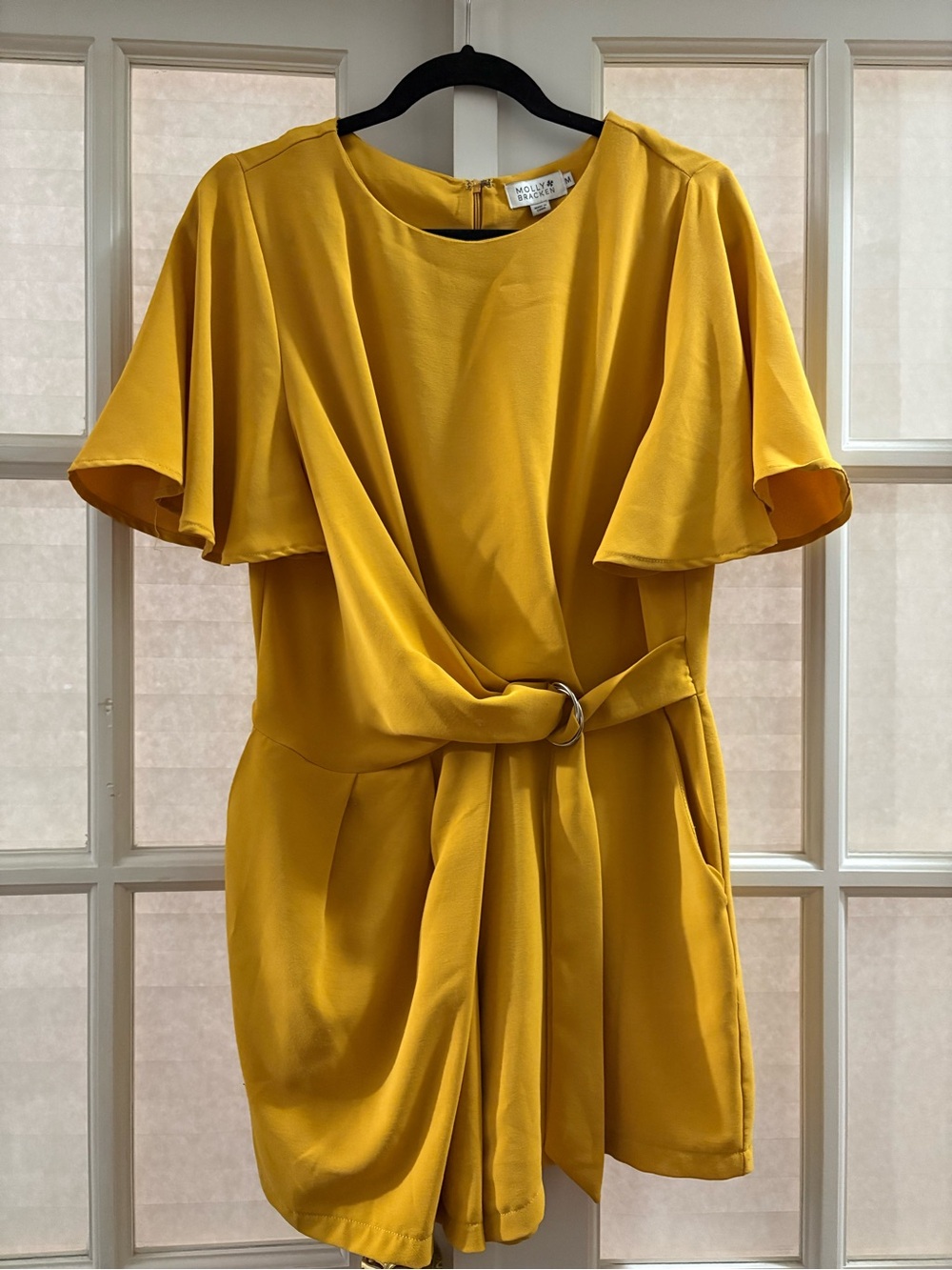 Molly Bracken Mustard Belted Flutter-Sleeve Romper